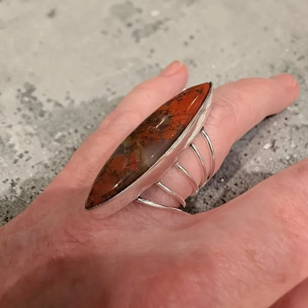 Marquise Red Jasper Ring 925 Silver Plated Boho Statement Ring Size 8